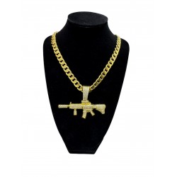 Gold Curb Cuban Link Chain Necklace with "AK47" Pendant 