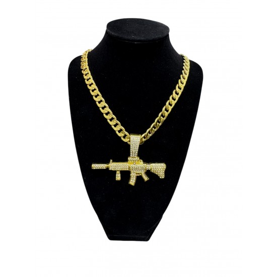 Gold Curb Cuban Link Chain Necklace with "AK47" Pendant 