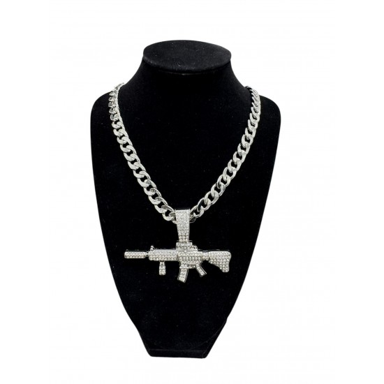 Silver Curb Cuban Link Chain Necklace with "AK47" Pendant