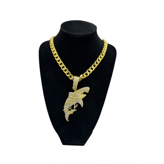 Gold Curb Cuban Link Chain Necklace with "Fish" Pendant 