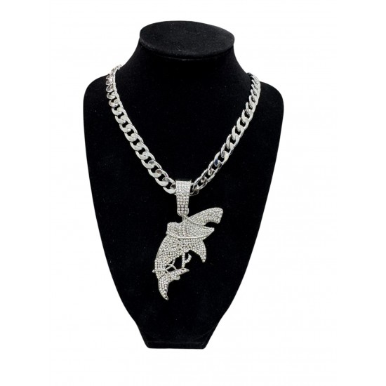 Silver Curb Cuban Link Chain Necklace with "Fish" Pendant 