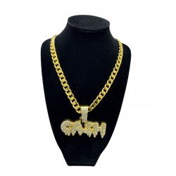 Gold Curb Cuban Link Chain Necklace with "CASH" Pendant 