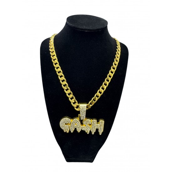 Gold Curb Cuban Link Chain Necklace with "CASH" Pendant 