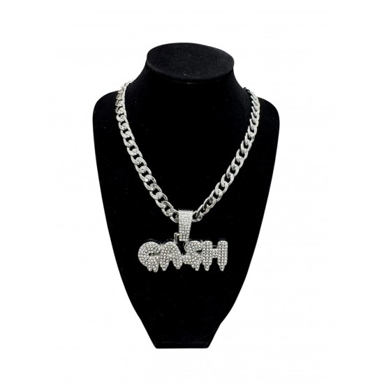 Silver Curb Cuban Link Chain Necklace with "CASH" Pendant 