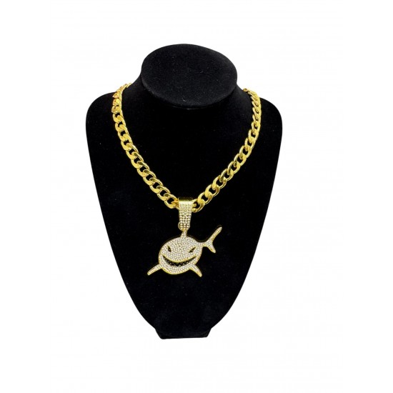 Gold Curb Cuban Link Chain Necklace with "Shark" Pendant 
