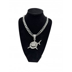 Silver Curb Cuban Link Chain Necklace with "Shark" Pendant 
