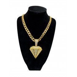 Gold Curb Cuban Link Chain Necklace with "Diamond" Pendant 