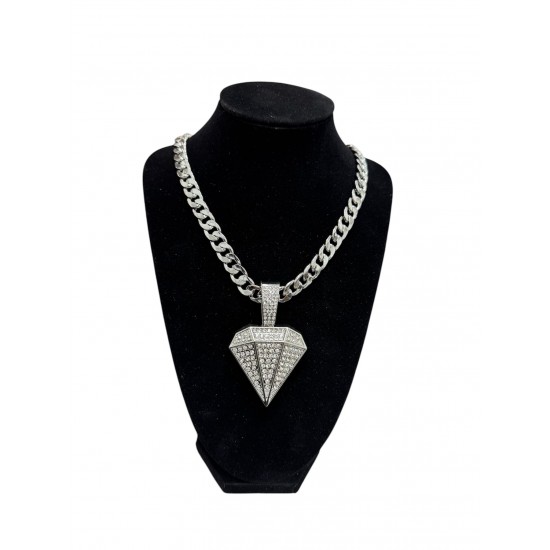 Silver Curb Cuban Link Chain Necklace with "Diamond" Pendant 