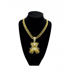 Gold Curb Cuban Link Chain Necklace with "Bear" Pendant 