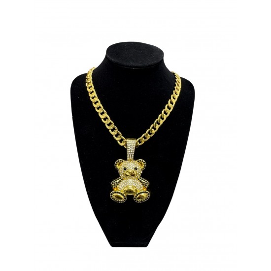 Gold Curb Cuban Link Chain Necklace with "Bear" Pendant 