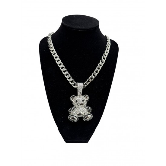Silver Curb Cuban Link Chain Necklace with "Bear" Pendant 
