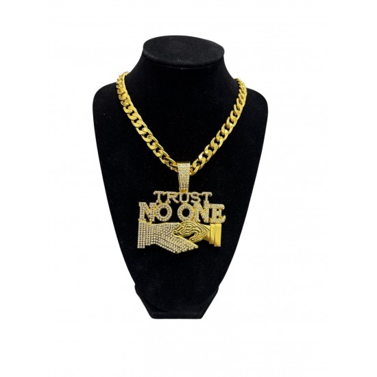 Gold Curb Cuban Link Chain Necklace with "TRUST NO ONE" Pendant