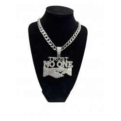 Silver Curb Cuban Link Chain Necklace with "TRUST NO ONE" Pendant
