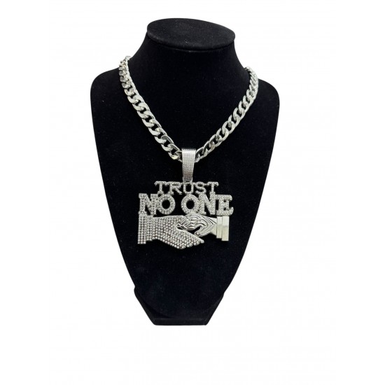 Silver Curb Cuban Link Chain Necklace with "TRUST NO ONE" Pendant