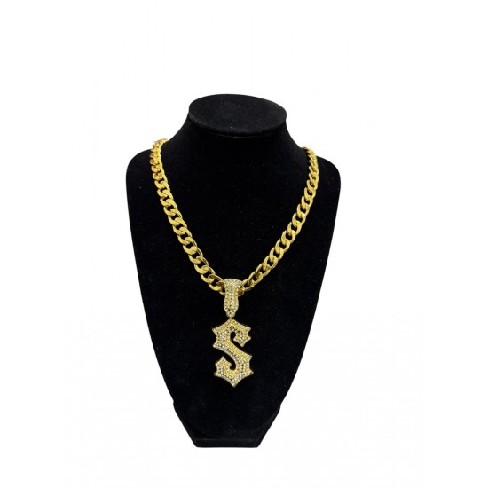 Gold Curb Cuban Link Chain Necklace with "S" Pendant 