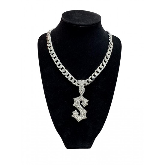Silver Curb Cuban Link Chain Necklace with "S" Pendant 