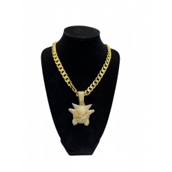 Gold Curb Cuban Link Chain Necklace with "Picachu" Pendant 