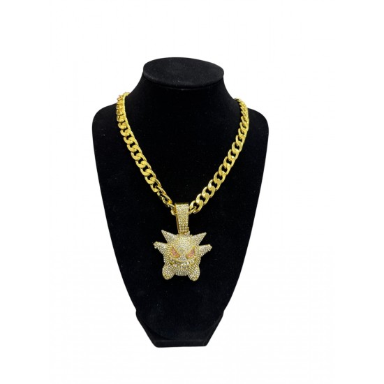 Gold Curb Cuban Link Chain Necklace with "Picachu" Pendant 