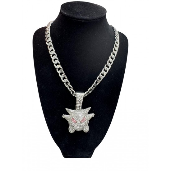 Silver Curb Cuban Link Chain Necklace with "Picachu" Pendant 