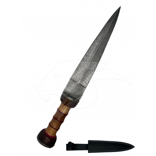 Hunting Dagger, Handmade Damascus Blade, Wood Handle, 14.5" Overall, with Leather Sheath & Belt Loop