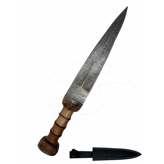 Hunting Dagger, Handmade Damascus Blade, Wood Handle, 14.5" Overall, with Leather Sheath & Belt Loop