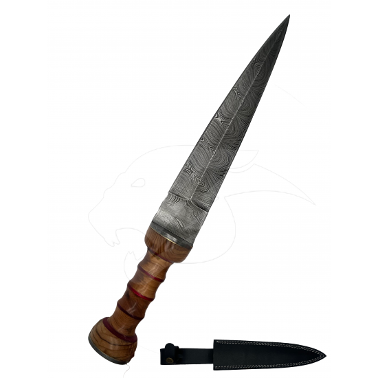 Hunting Dagger, Handmade Damascus Blade, Wood Handle, 14.5" Overall, with Leather Sheath & Belt Loop