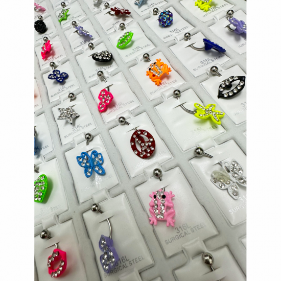Silver Muti Design & Neon Colors Belly Rings 54 pcs/card (50/1/22*16*18/33)