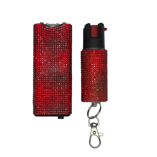 Cheetah Red Rhinestones Stun Gun & Pepper Spray Combo Blister Pack (120/1/24*15*18/49)