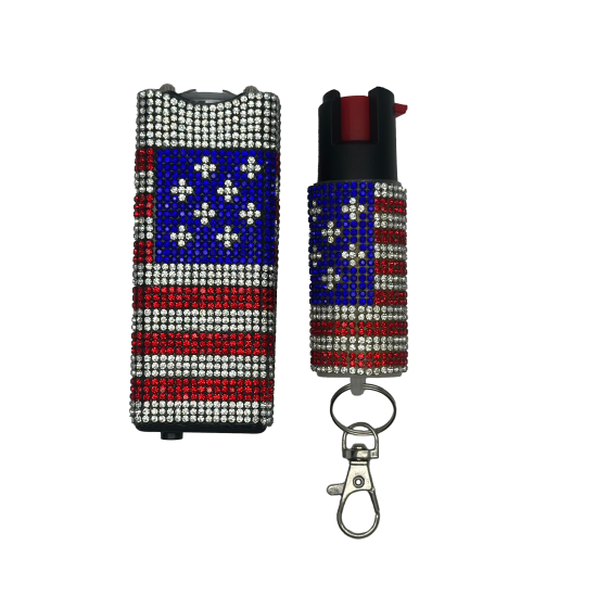 Cheetah USA Flag Rhinestones Stun Gun & Pepper Spray Combo Blister Pack (120/1/24*15*18/49)