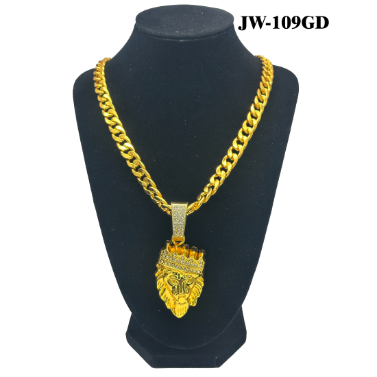 Gold Curb Cuban Link Chain Necklace with "LION KING" Pendant (200/12/15*11*9/27)