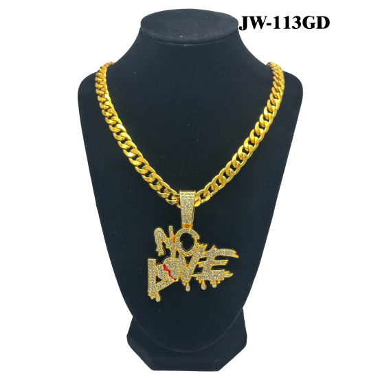 Gold Curb Cuban Link Chain Necklace with "NO LOVE" Pendant 