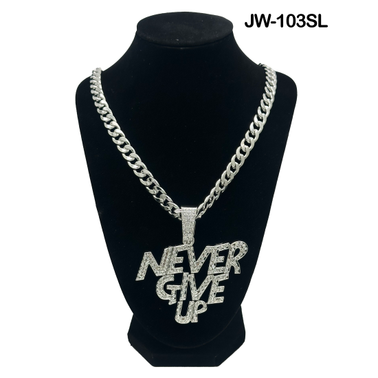 Silver Curb Cuban Link Chain Necklace with "NEVER GIVE UP" Pendant (200/12/15*11*9/27)