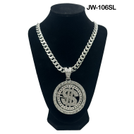 Silver Curb Cuban Link Chain Necklace with "Spinning Dollar Sign" Pendant  (200/12/15*11*9/27)
