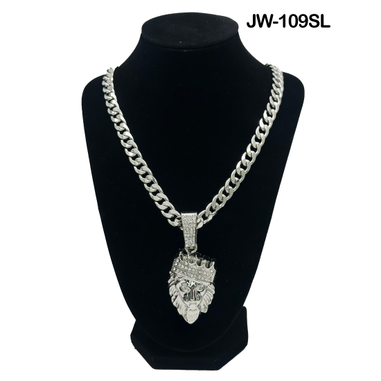 Silver Curb Cuban Link Chain Necklace with "LION KING" Pendant (200/12/15*11*9/27)