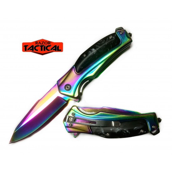 Rainbow Blade Spring Assist knife W/ Black Inlay  Handle (100/10/12*10*12/50)