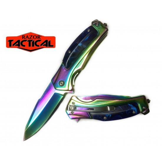 Rainbow Blade Spring Assist knife W/ Blue Inlay  Handle (100/10/12*10*12/50)