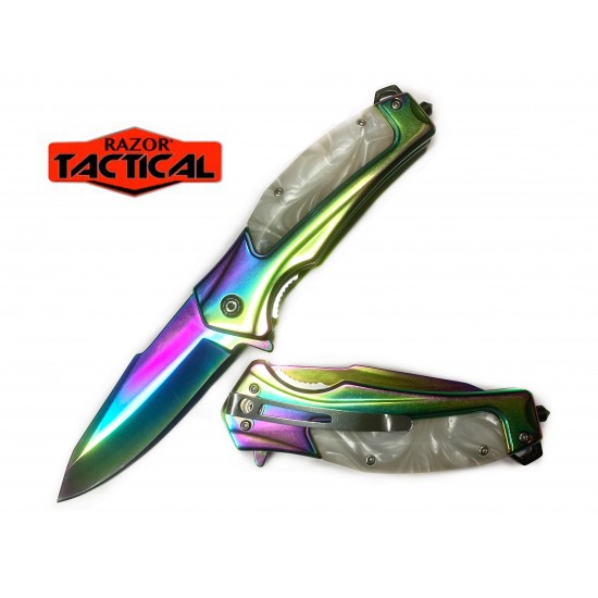 Rainbow Blade Spring Assist knife W/ Pearl Inlay  Handle (100/10/12*10*12/50)