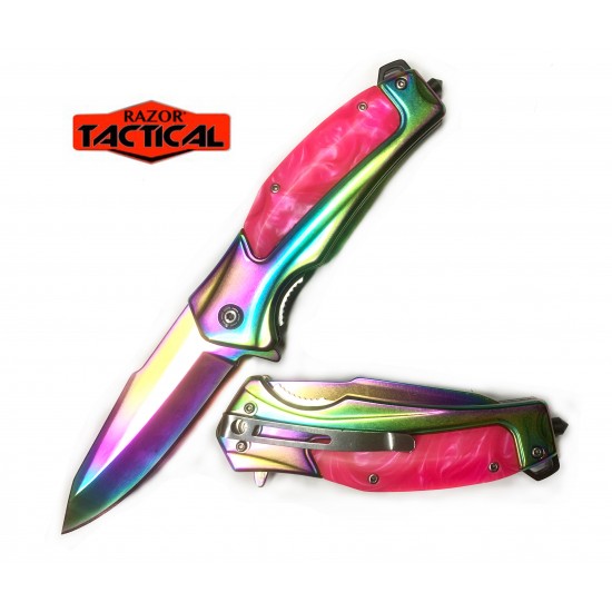 Rainbow Blade Spring Assist knife W/Pink Inlay  Handle (100/10/12*10*12/50)