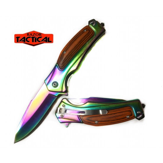 Rainbow Blade Spring Assist knife W/ Wood Inlay  Handle (100/10/12*10*12/50)