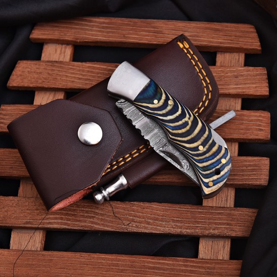 Pocket Knife, Handmade Damascus Blade, Micarta Blue Handle, 6.5" Overall, Sharpener & Leather Sheath