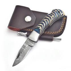 Pocket Knife, Handmade Damascus Blade, Micarta Blue Handle, 6.5" Overall, Sharpener & Leather Sheath
