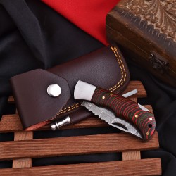 Pocket Knife, Handmade Damascus Blade, Micarta Green Handle, 6.5" Overall, Sharpener & Leather Sheath