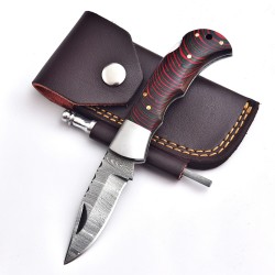 Pocket Knife, Handmade Damascus Blade, Micarta Green Handle, 6.5" Overall, Sharpener & Leather Sheath