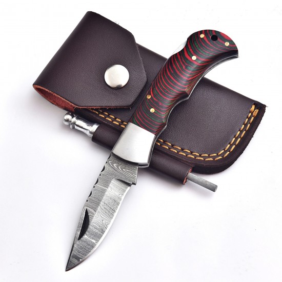 Pocket Knife, Handmade Damascus Blade, Micarta Green Handle, 6.5" Overall, Sharpener & Leather Sheath