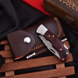Pocket Knife, Handmade Damascus Blade, Micarta Red Handle, 6.5" Overall, Sharpener & Leather Sheath 