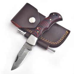 Pocket Knife, Handmade Damascus Blade, Micarta Red Handle, 6.5" Overall, Sharpener & Leather Sheath 