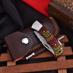 Pocket Knife, Handmade Damascus Blade, Micarta Yellow Handle, 6.5" Overall, Sharpener & Leather Sheath