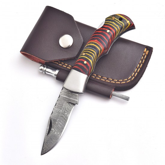 Pocket Knife, Handmade Damascus Blade, Micarta Yellow Handle, 6.5" Overall, Sharpener & Leather Sheath
