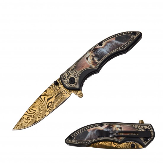 Bear, Spring Assist Knife, Gold Titanium Blade with Pattern (120/12/12*9*16/42)