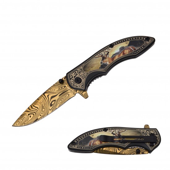 Deer, Spring Assist Knife, Gold Titanium Blade with Pattern